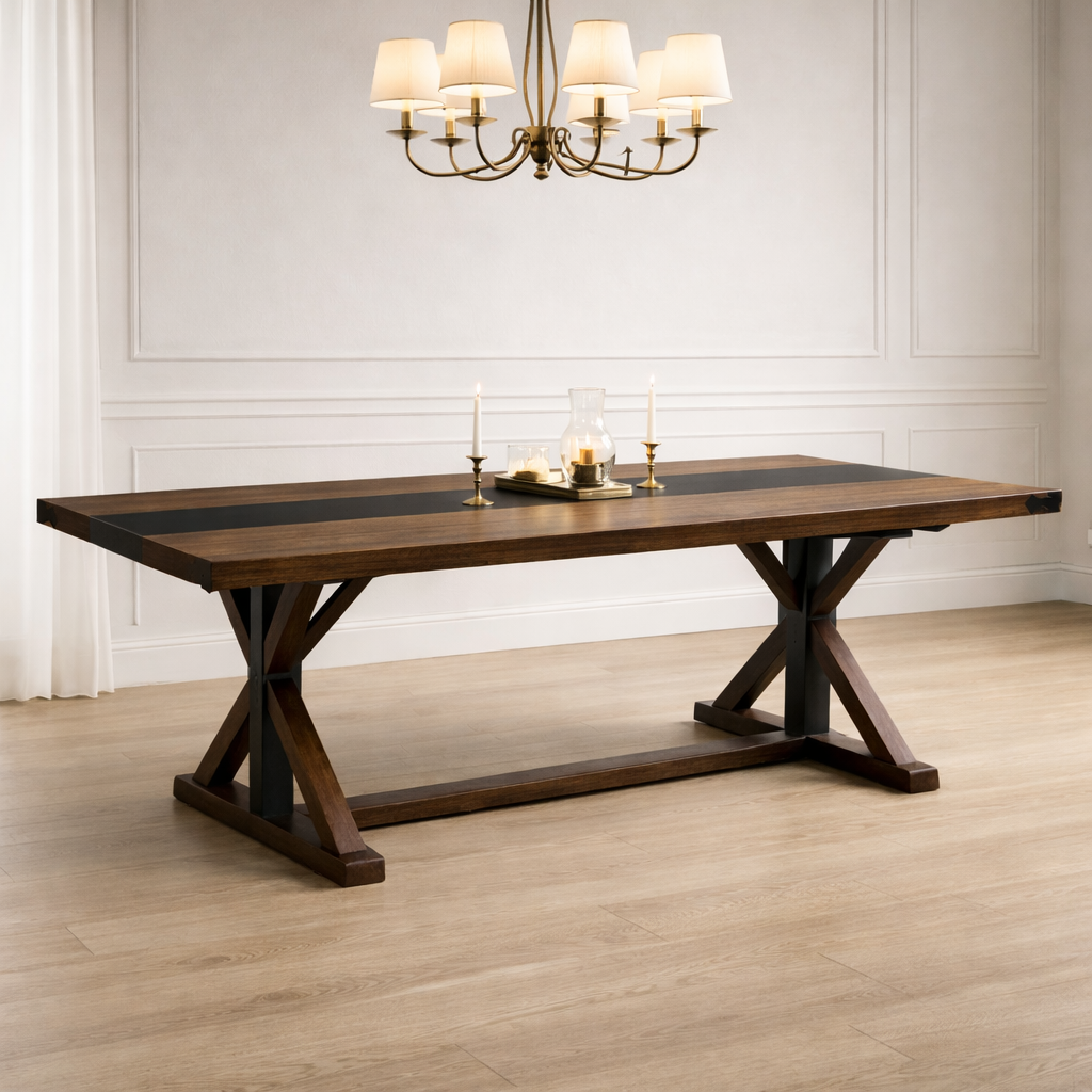 71" Farmhouse Dining Table Set with 6 PU Leather Chairs, Rectangular Brown Finish
