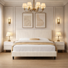 Queen Chenille Upholstered Platform Bed with 2 Solid Wood Nightstands Beige White Set