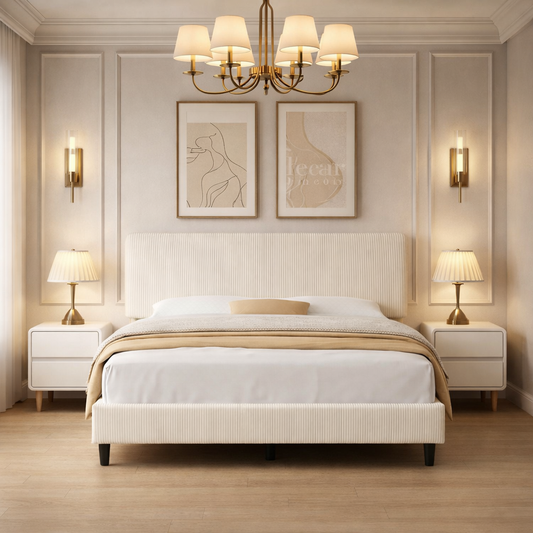 Queen Chenille Upholstered Platform Bed with 2 Solid Wood Nightstands Beige White Set