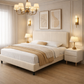 Queen Chenille Upholstered Platform Bed with 2 Solid Wood Nightstands Beige White Set