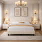 Queen Chenille Upholstered Platform Bed with 2 Solid Wood Nightstands Beige White Set