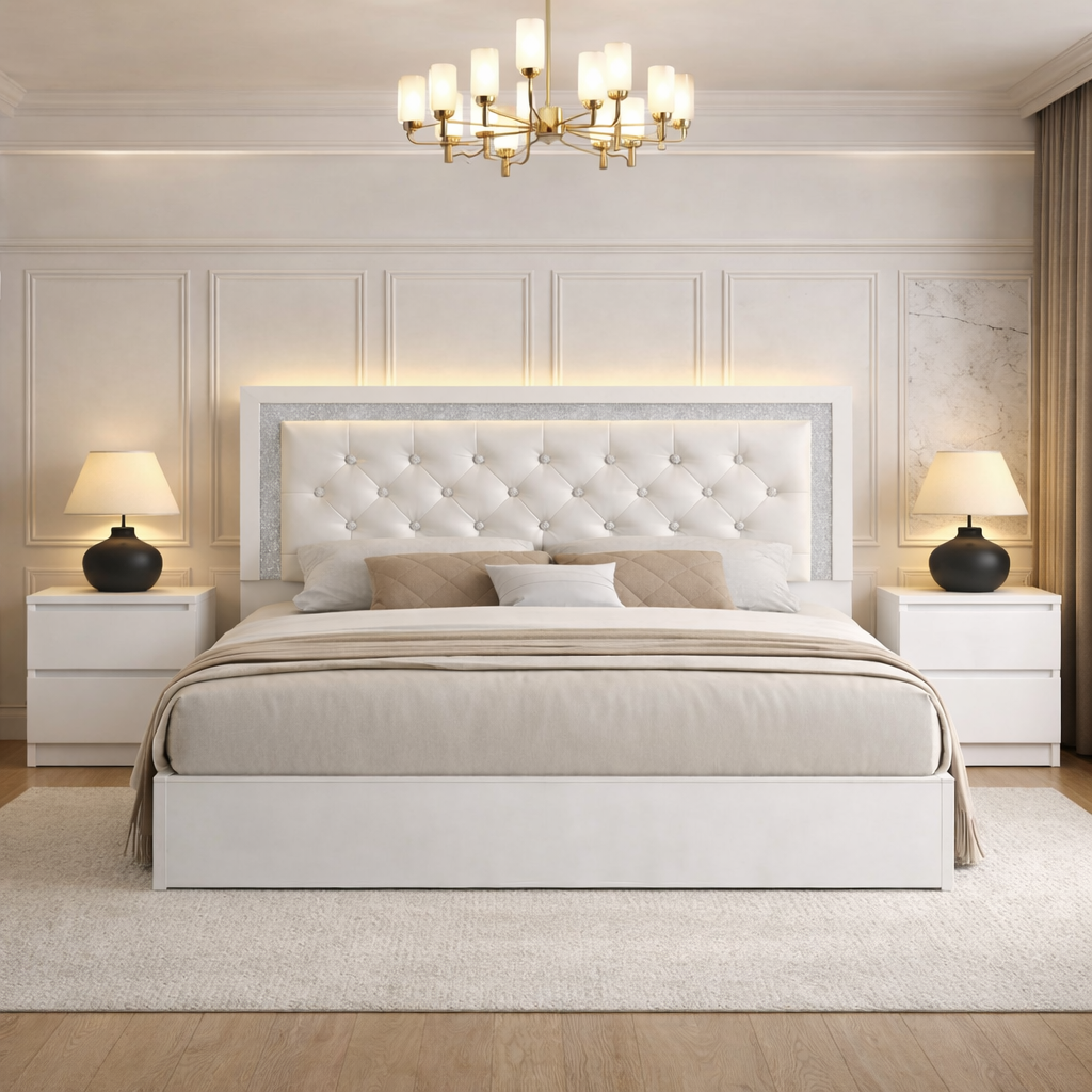 Queen Upholstered LED Platform Bed with 2 Drawer Nightstands, White High Gloss Set-0