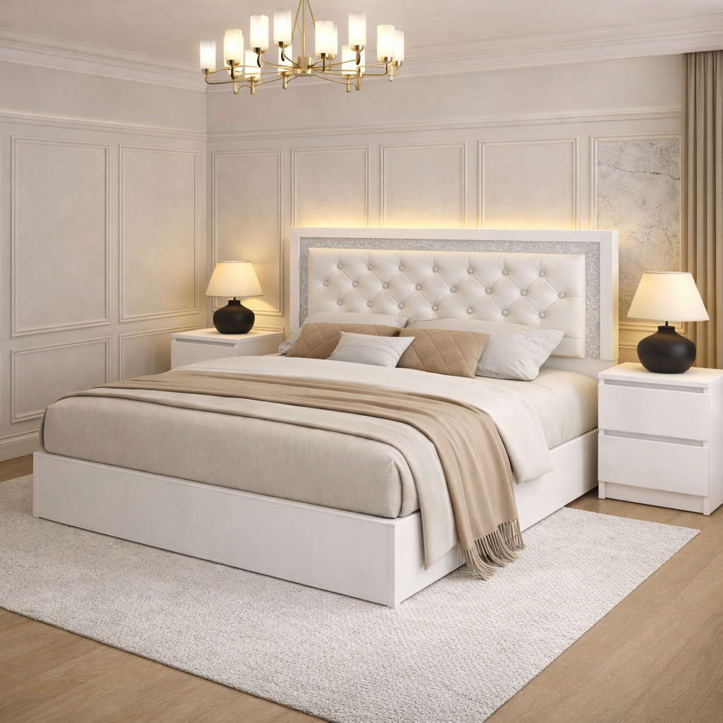 Queen Upholstered LED Platform Bed with 2 Drawer Nightstands, White High Gloss Set-2