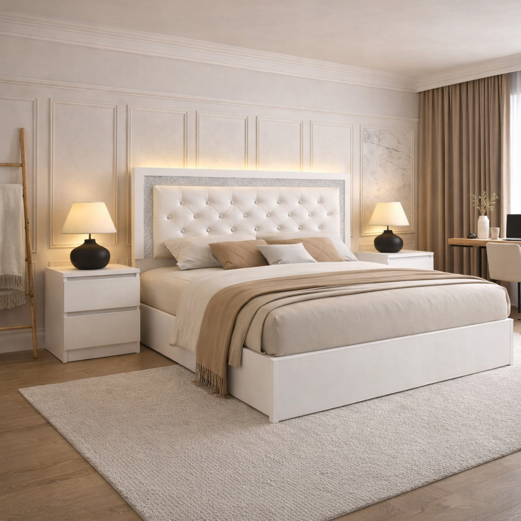 Queen Upholstered LED Platform Bed with 2 Drawer Nightstands, White High Gloss Set-3