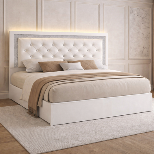 Queen Upholstered LED Platform Bed with 2 Drawer Nightstands, White High Gloss Set-1