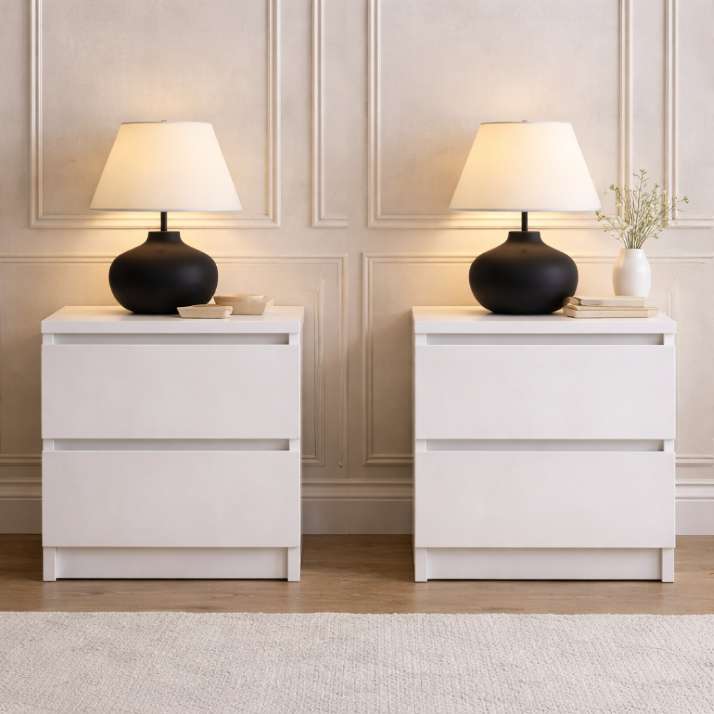 Queen Upholstered LED Platform Bed with 2 Drawer Nightstands, White High Gloss Set-4