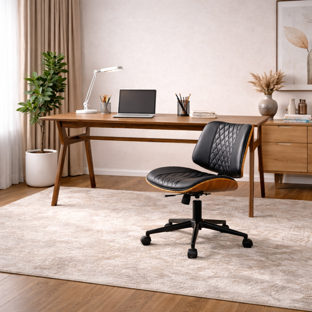 Modern Walnut Office Desk with Armless Swivel Chair Set