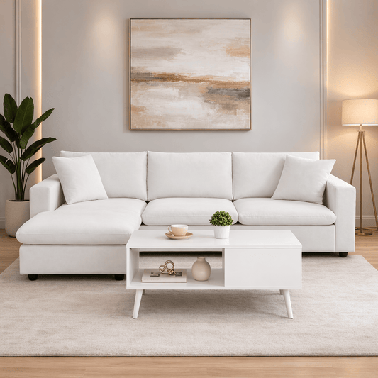 100.4" L-Shaped Sectional Sofa with Ottoman and Coffee Table Set – 4 Seat White Living Room Bundle-0