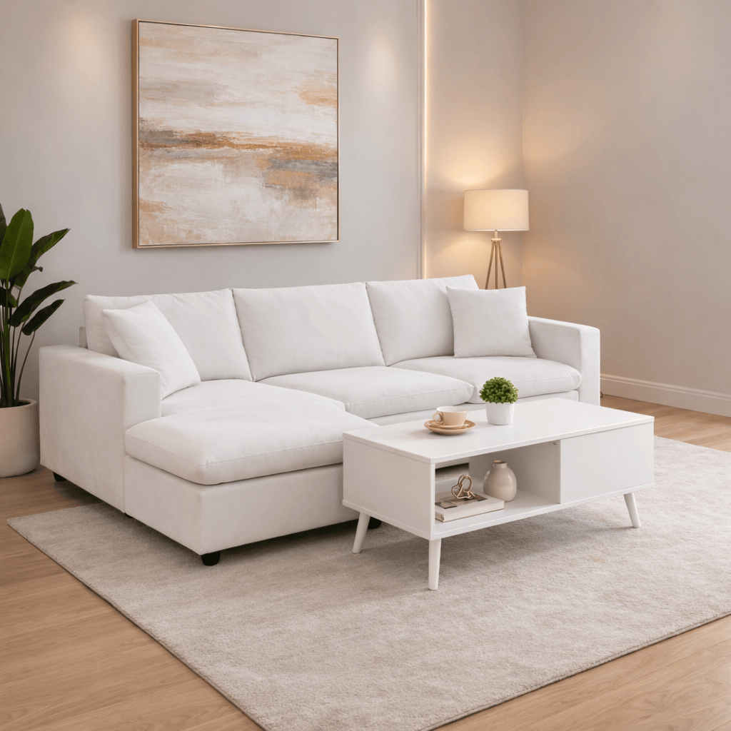 100.4" L-Shaped Sectional Sofa with Ottoman and Coffee Table Set – 4 Seat White Living Room Bundle-1
