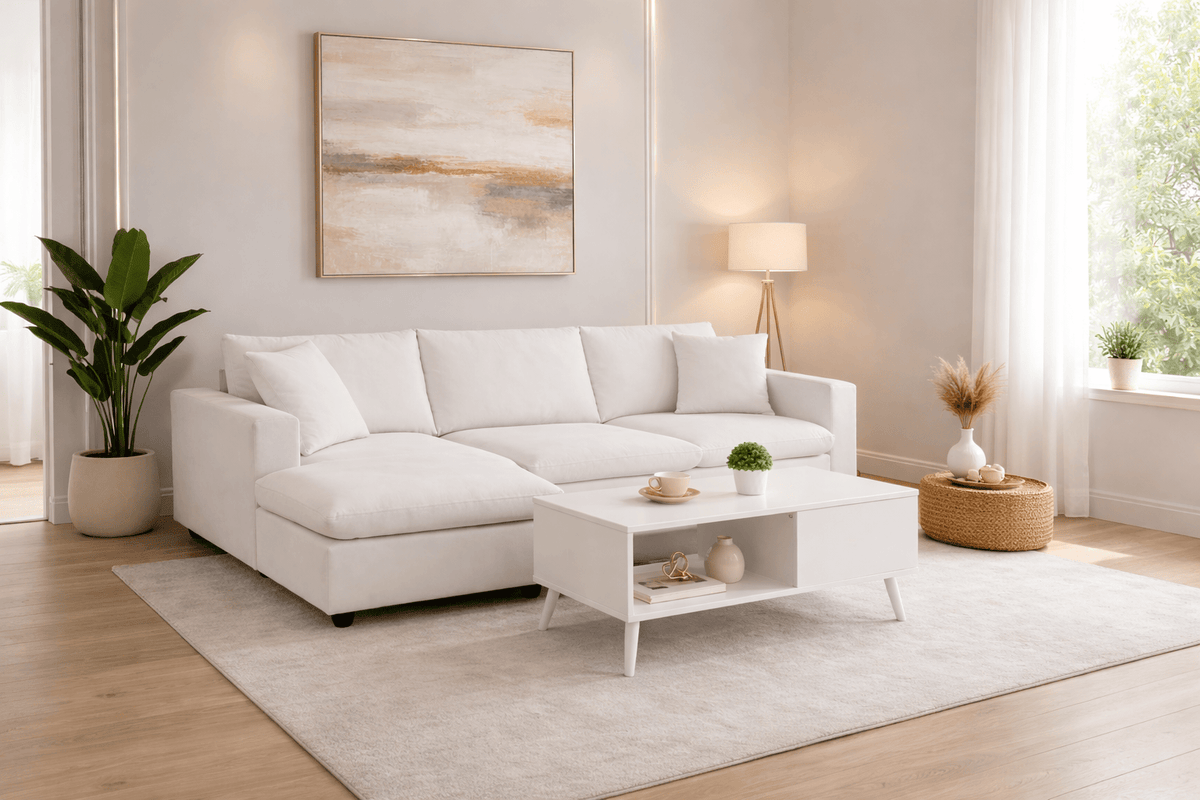 100.4" L-Shaped Sectional Sofa with Ottoman and Coffee Table Set – 4 Seat White Living Room Bundle-2