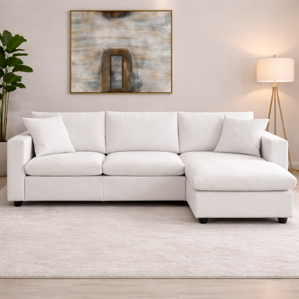 100.4" L-Shaped Sectional Sofa with Ottoman and Coffee Table Set – 4 Seat White Living Room Bundle-3