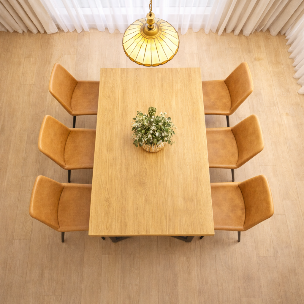 71 Inch Farmhouse Dining Table Set with 6 Brown Upholstered Chairs