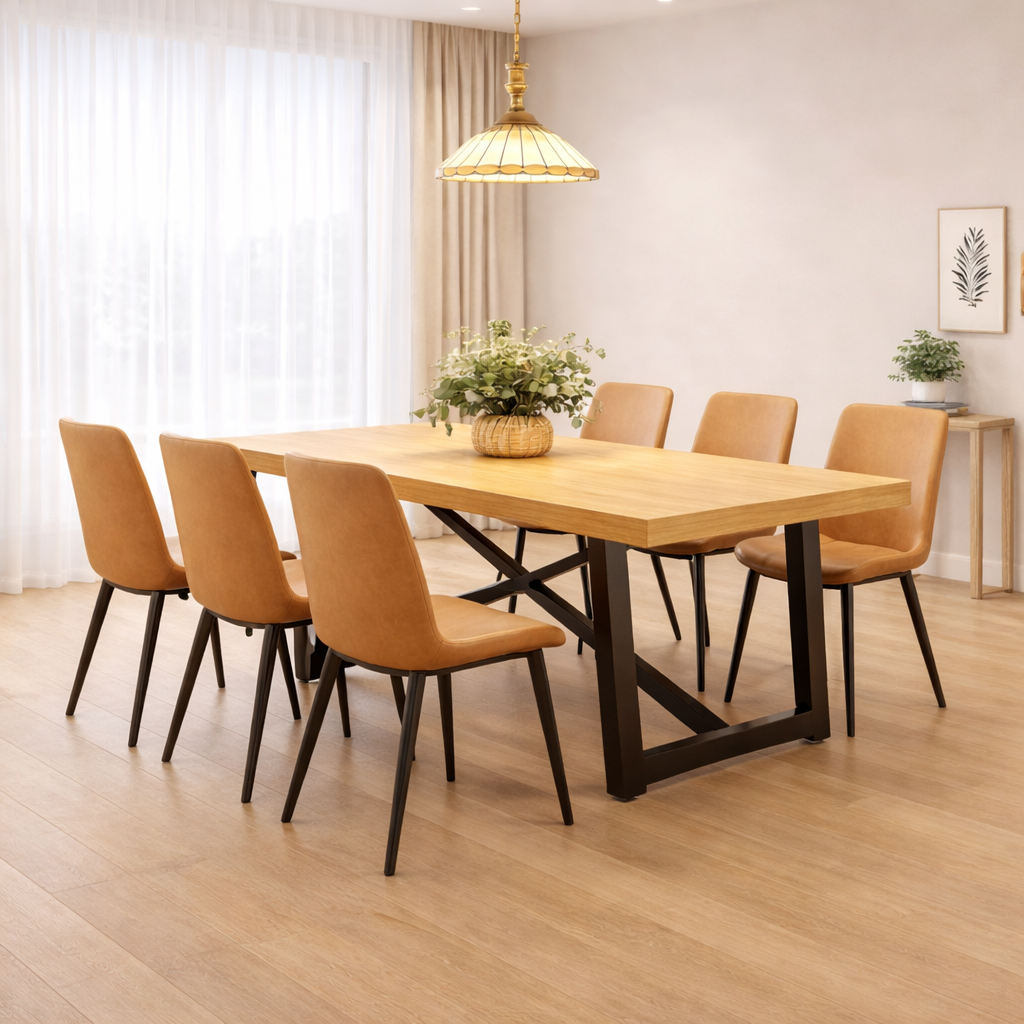 71 Inch Farmhouse Dining Table Set with 6 Brown Upholstered Chairs