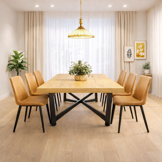 71 Inch Farmhouse Dining Table Set with 6 Brown Upholstered Chairs