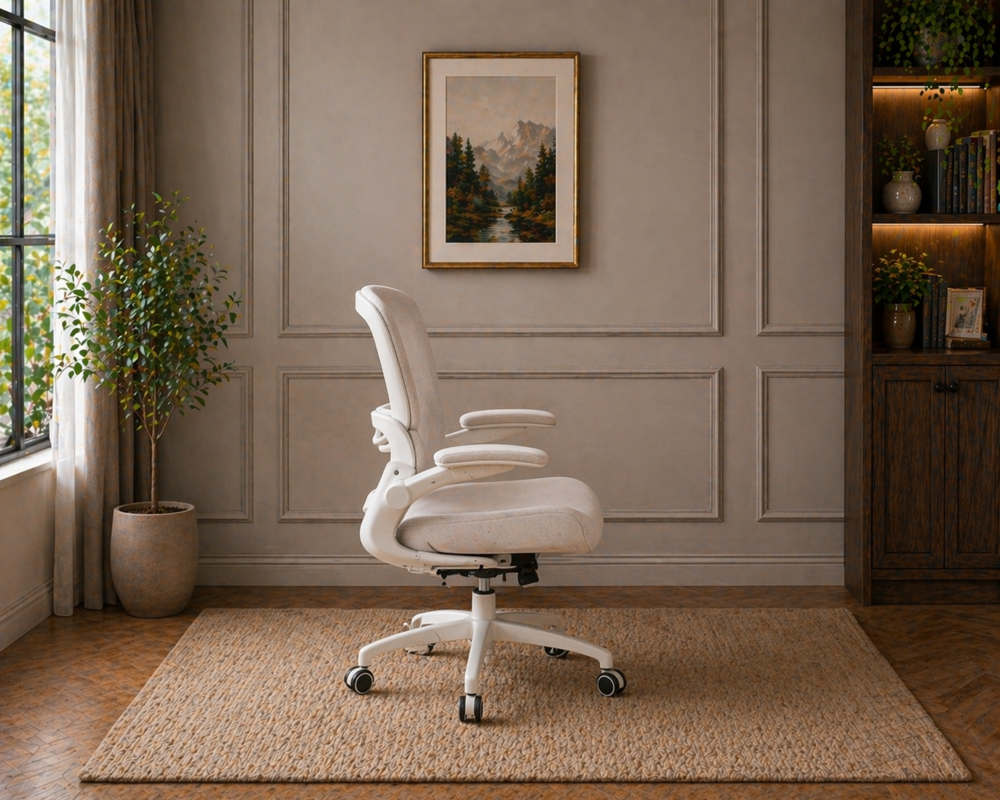 53.54" Executive Desk with Drawers & Charging Station with Ergonomic Mesh Office Chair Set White Walnut