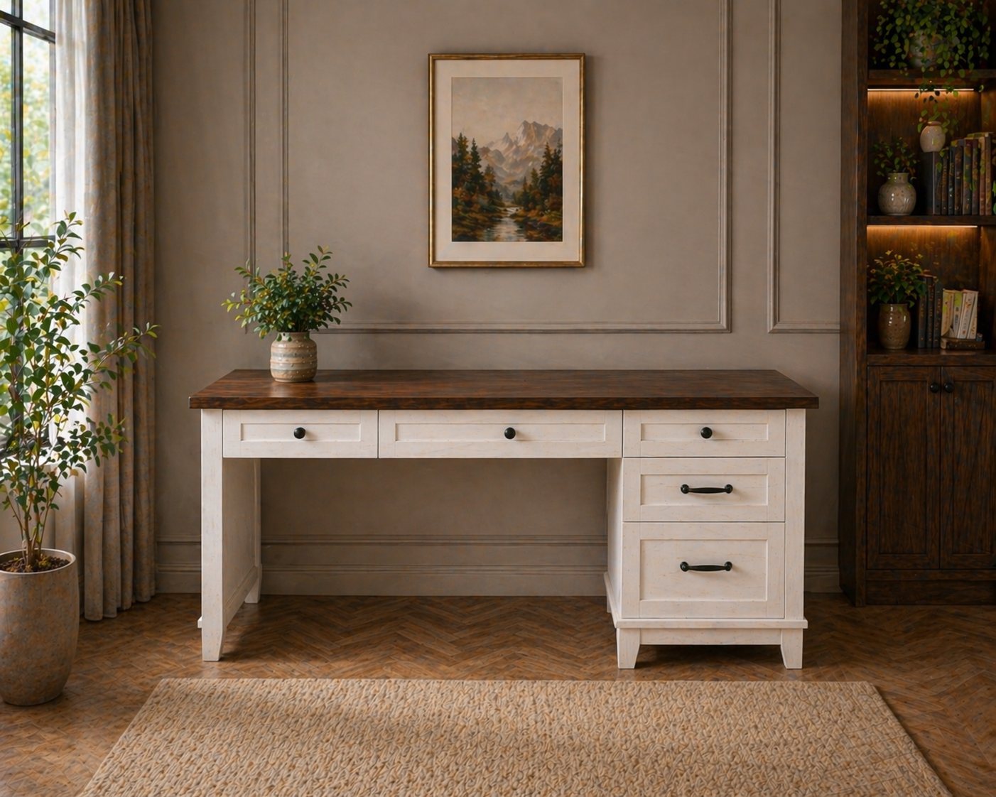 53.54" Executive Desk with Drawers & Charging Station with Ergonomic Mesh Office Chair Set White Walnut