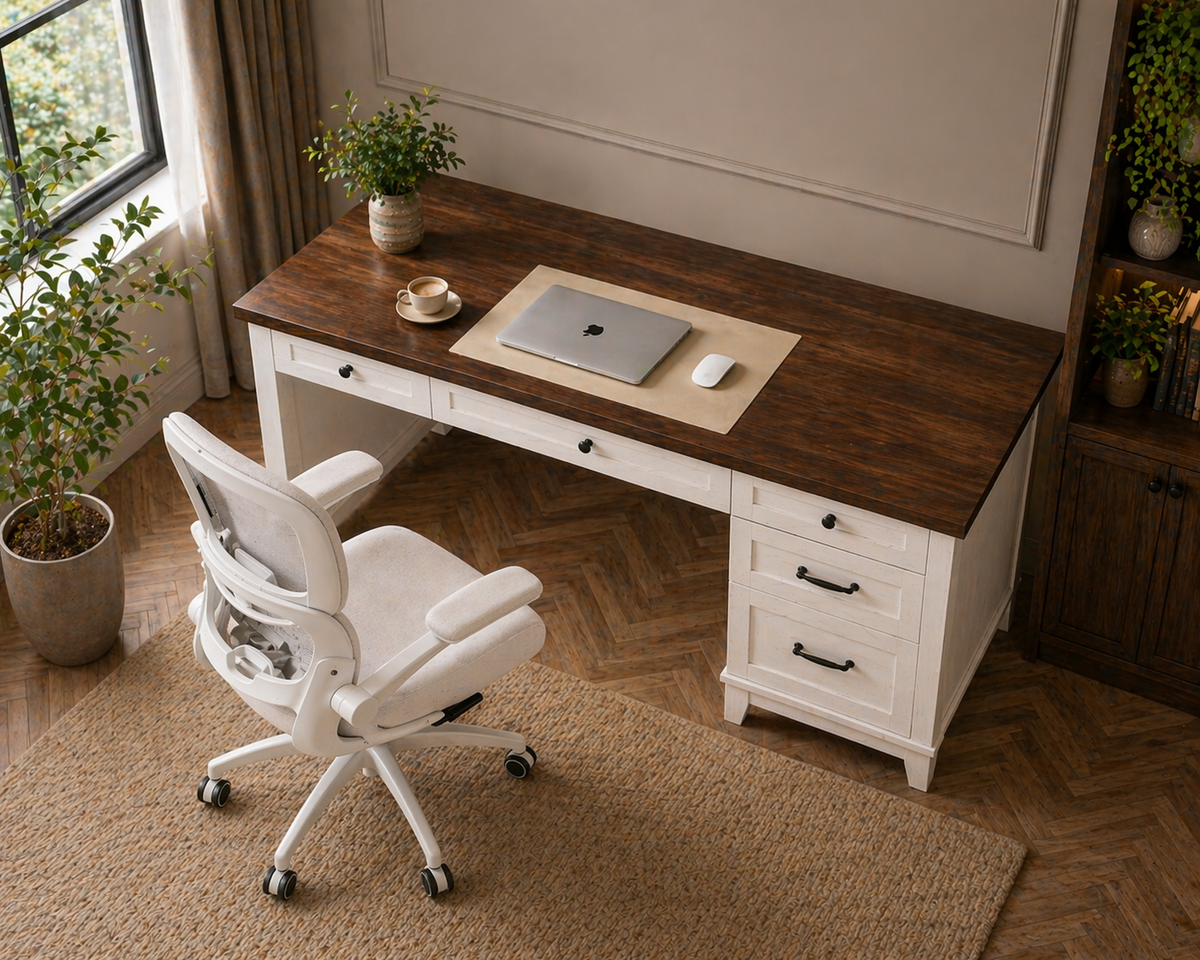 53.54" Executive Desk with Drawers & Charging Station with Ergonomic Mesh Office Chair Set White Walnut