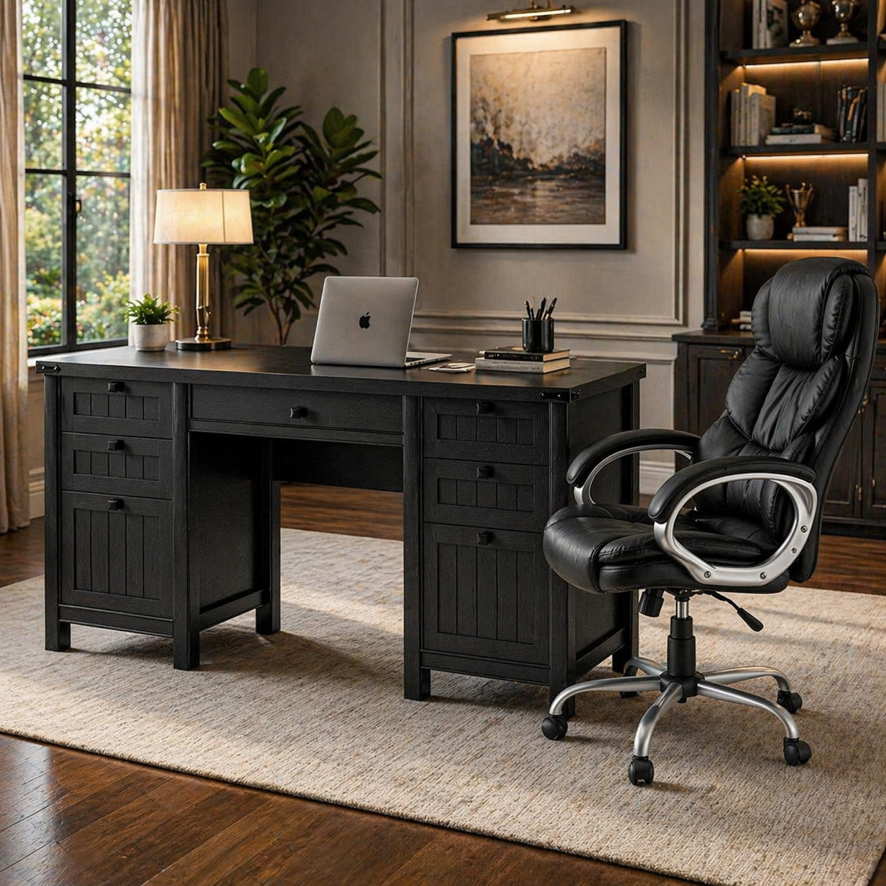 62" Executive Desk & Ergonomic Office Chair Set with Drawers, Cabinet Storage & Adjustable Swivel Chair Black