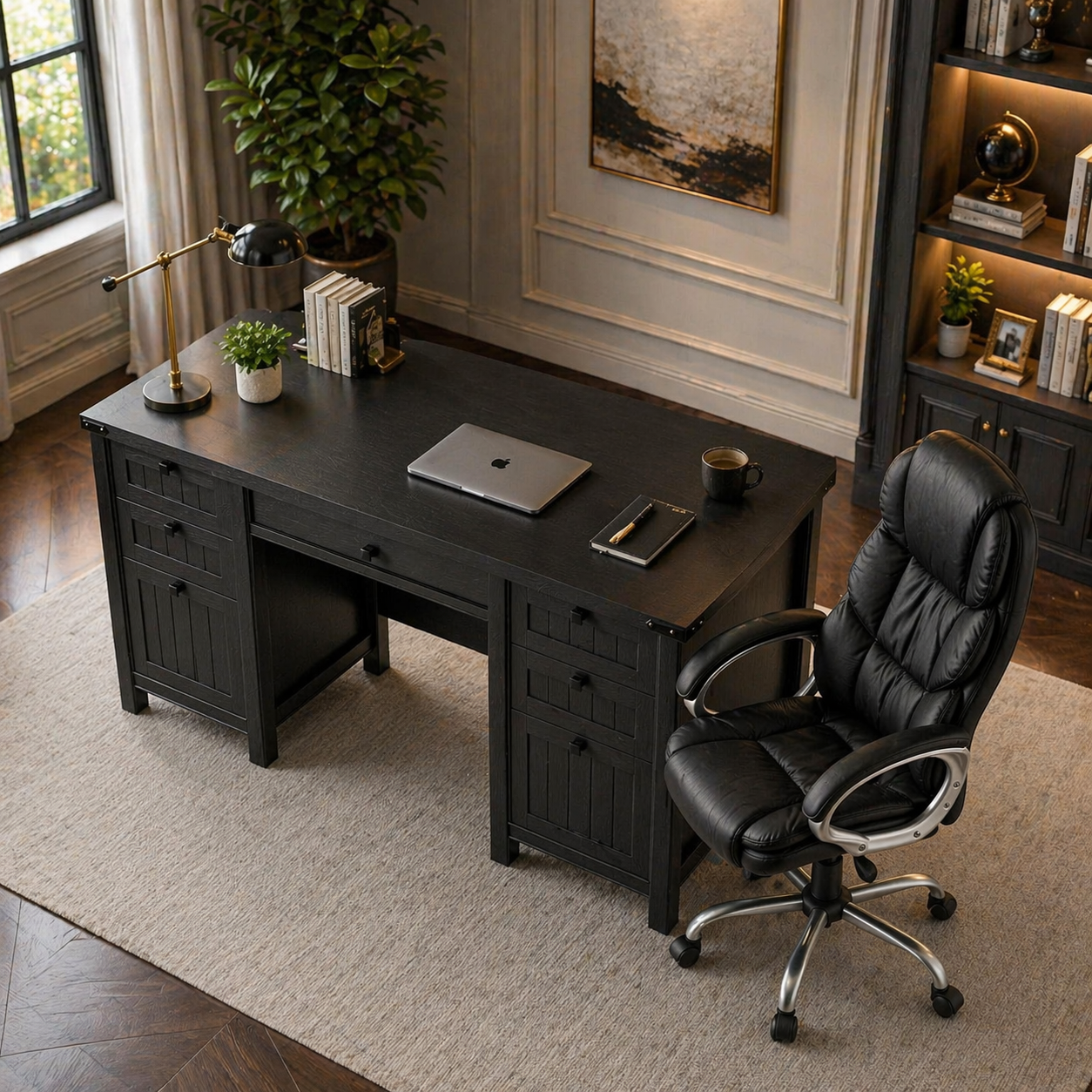 62" Executive Desk & Ergonomic Office Chair Set with Drawers, Cabinet Storage & Adjustable Swivel Chair Black