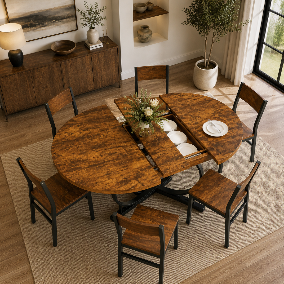 Extendable Oval Dining Table Set WalnutWood Chairs
