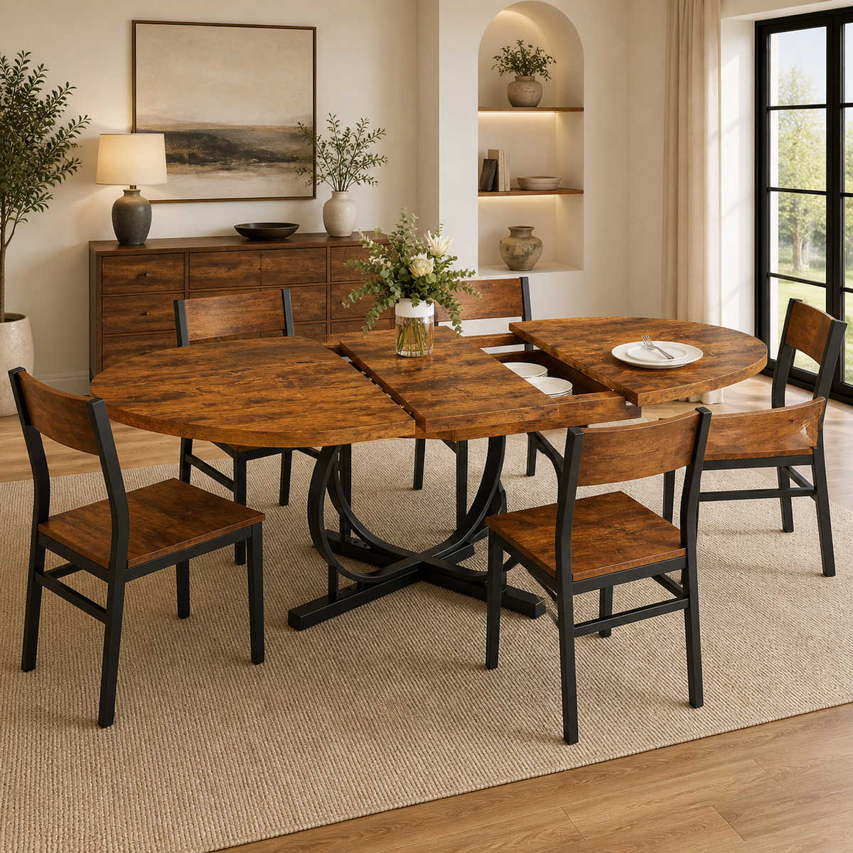 Extendable Oval Dining Table Set WalnutWood Chairs
