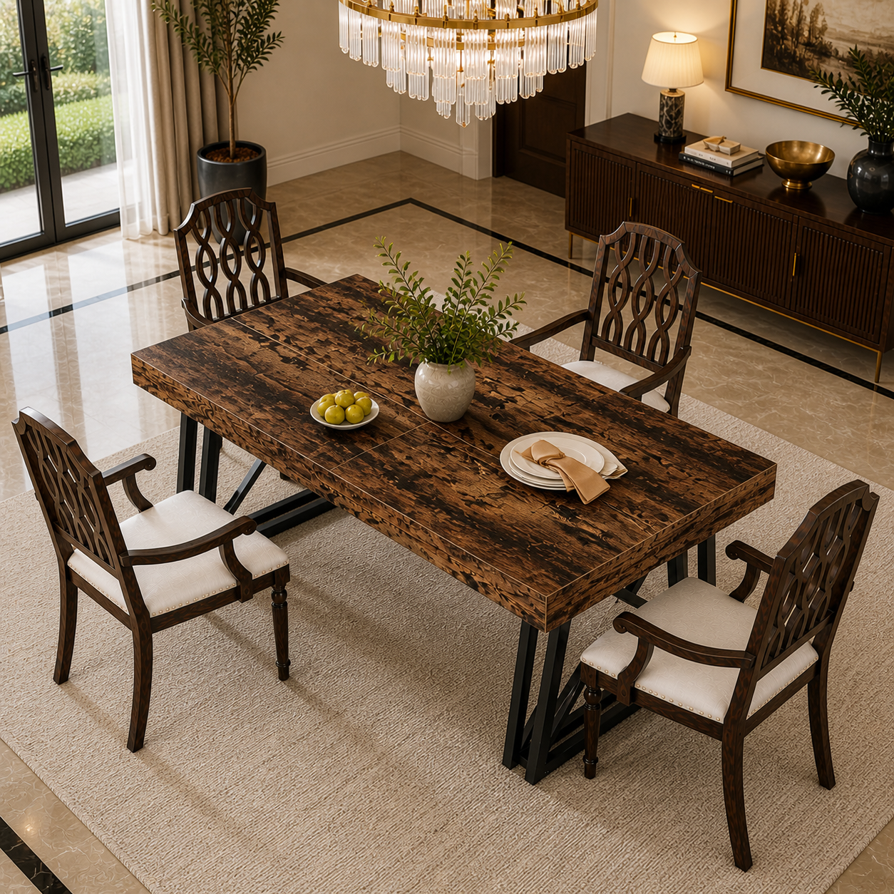 63 Inch Farmhouse Dining Table Set with 4 Upholstered Armchairs, Vintage Brown/Black