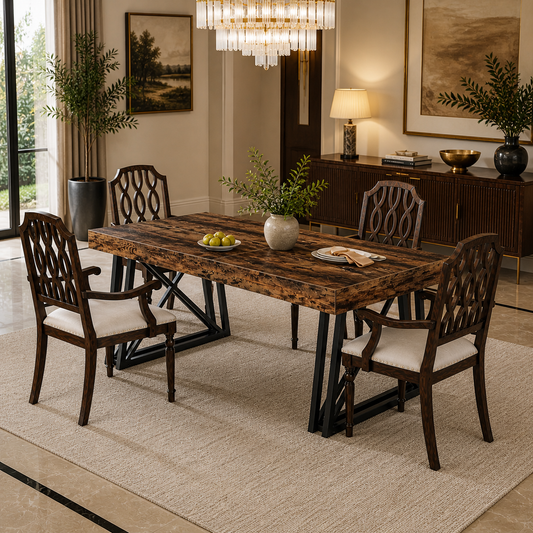 63 Inch Farmhouse Dining Table Set with 4 Upholstered Armchairs, Vintage Brown/Black