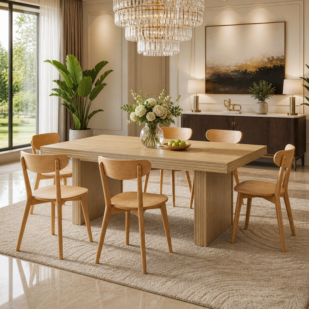 63" Farmhouse Dining Table Set with 6 Solid Oak Dining Chairs, Natural Wood Kitchen Set