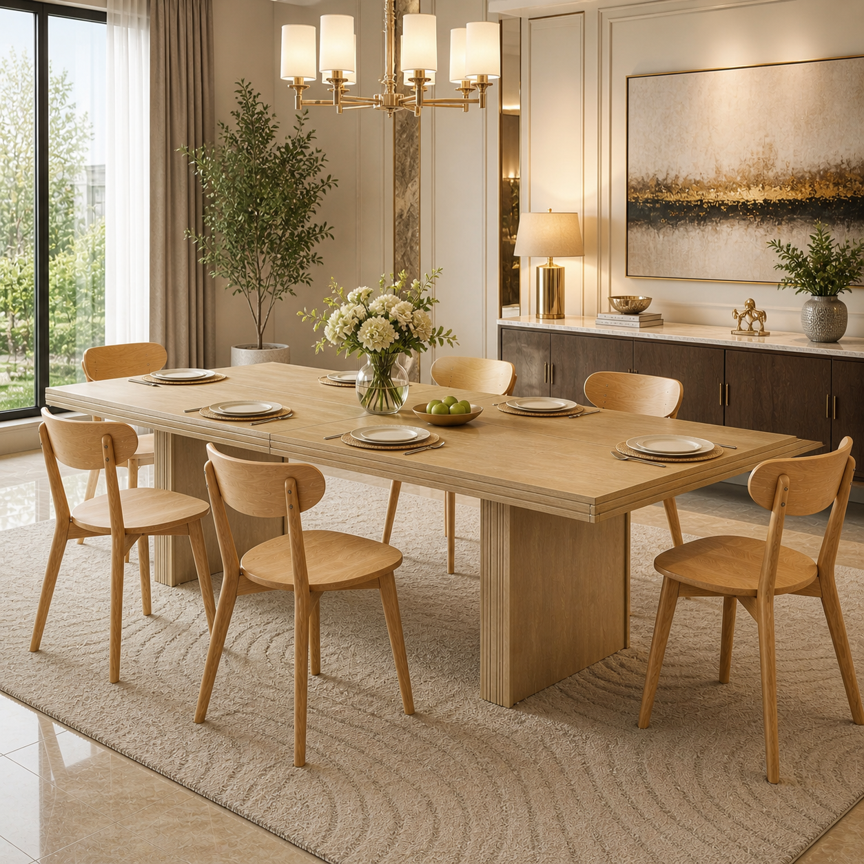 63" Farmhouse Dining Table Set with 6 Solid Oak Dining Chairs, Natural Wood Kitchen Set