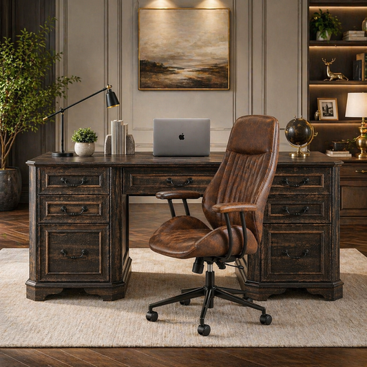 59" Farmhouse Executive Desk with Storage & Faux Suede Executive Office Chair Set Oak Brown