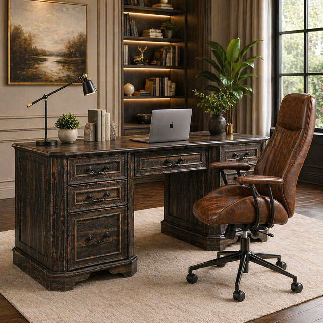 59" Farmhouse Executive Desk with Storage & Faux Suede Executive Office Chair Set Oak Brown