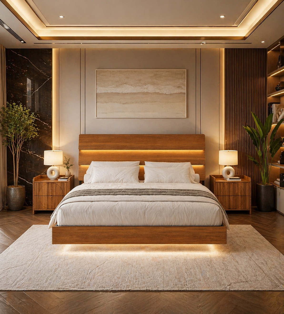 King Floating Bed Frame with LED Lights, Charging Headboard & 2 Fluted Walnut Nightstands