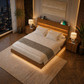 King Floating Bed Frame with LED Lights, Charging Headboard & 2 Fluted Walnut Nightstands