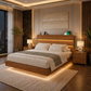 King Floating Bed Frame with LED Lights, Charging Headboard & 2 Fluted Walnut Nightstands