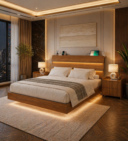 King Floating Bed Frame with LED Lights, Charging Headboard & 2 Fluted Walnut Nightstands