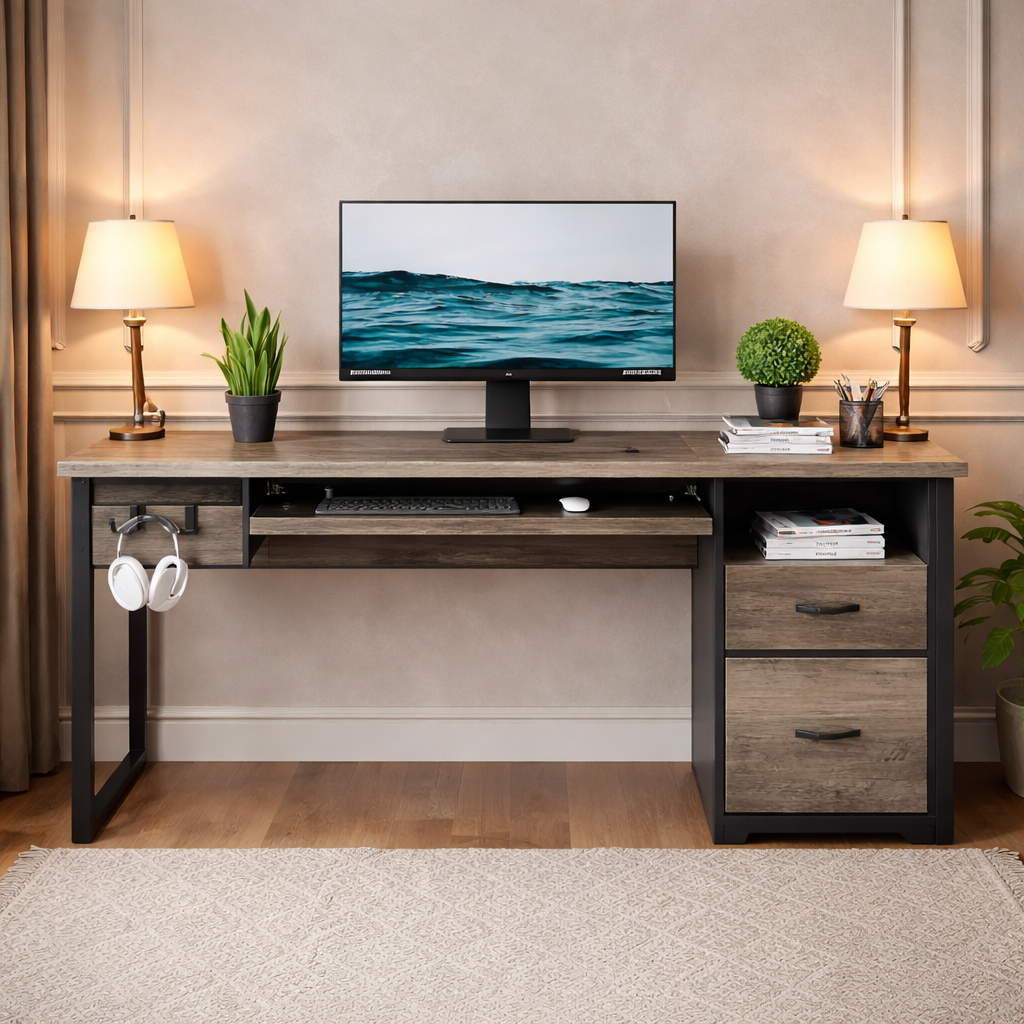 Gray 48Inch Ergonomic Office Desk PremiumStorage Chair