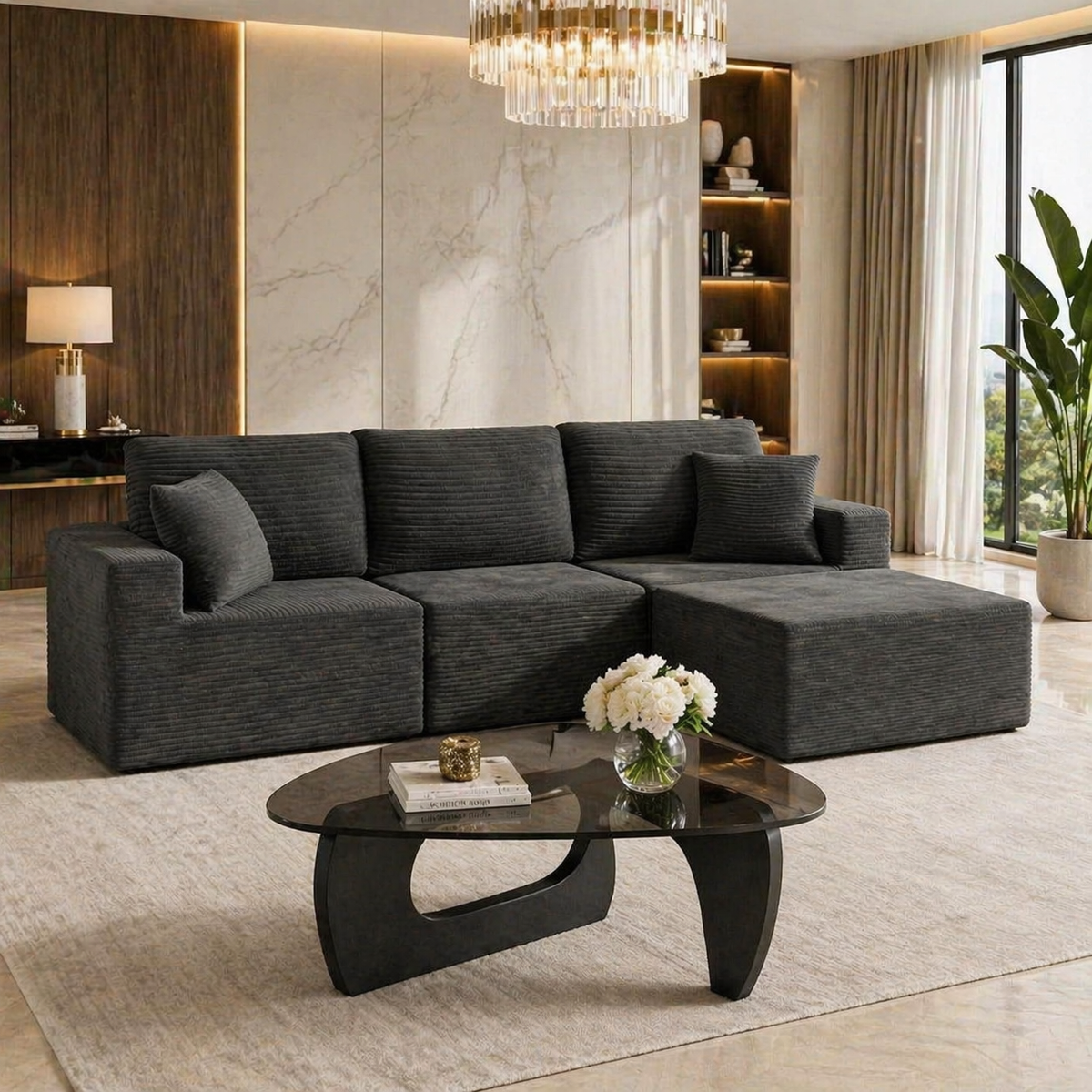 Modern Black L-Shaped Cloud Sectional Sofa with Glass Coffee Table Living Room Set-0