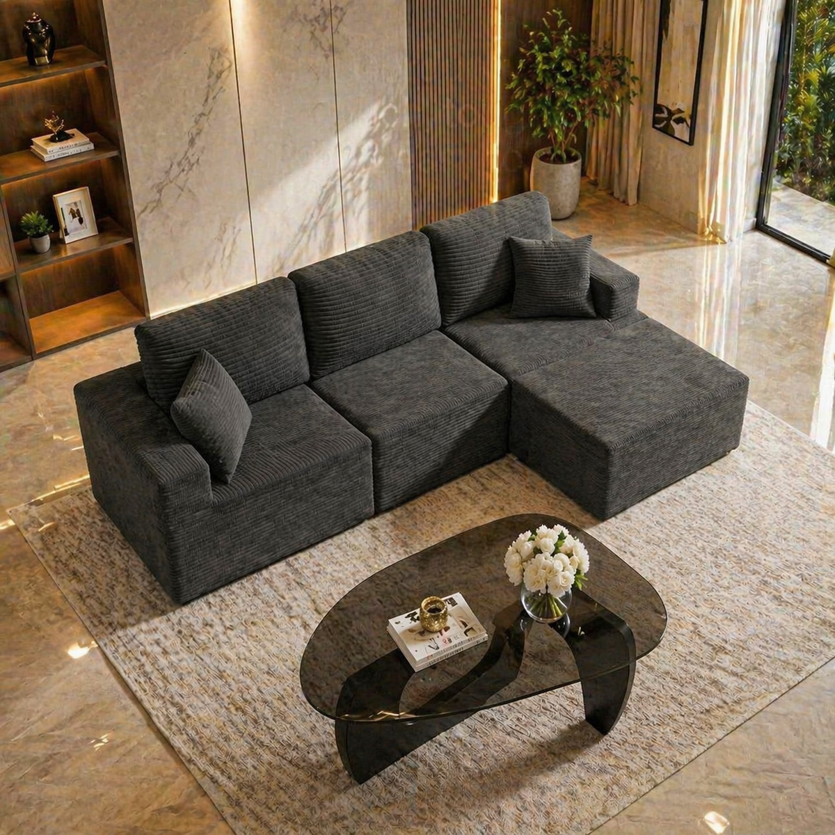 Modern Black L-Shaped Cloud Sectional Sofa with Glass Coffee Table Living Room Set-1