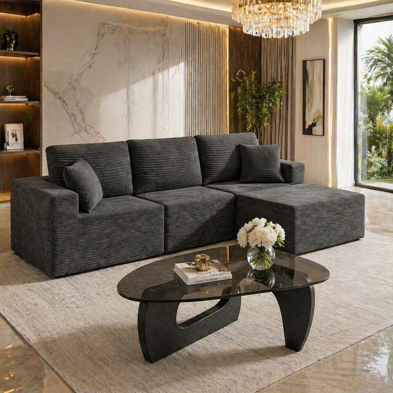 Modern Black L-Shaped Cloud Sectional Sofa with Glass Coffee Table Living Room Set-2