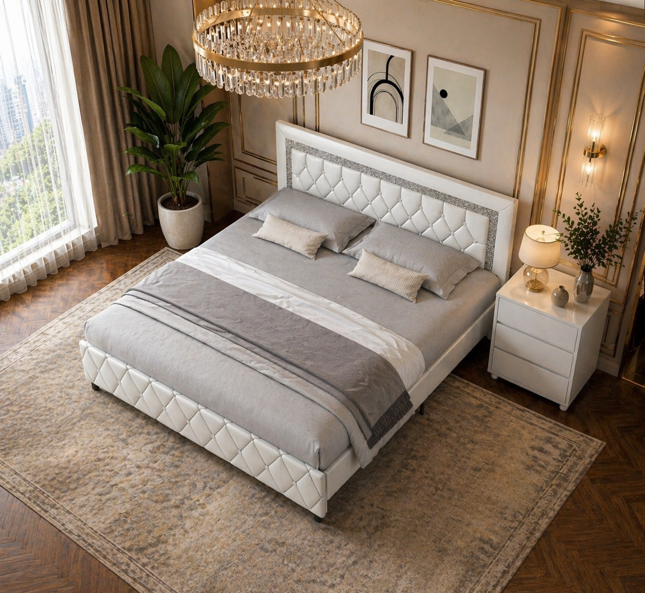 King Faux Leather Platform Bed with Diamond Headboard & 2 White 3-Drawer Nightstands Set