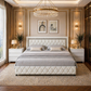 King Faux Leather Platform Bed with Diamond Headboard & 2 White 3-Drawer Nightstands Set