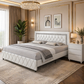 King Faux Leather Platform Bed with Diamond Headboard & 2 White 3-Drawer Nightstands Set