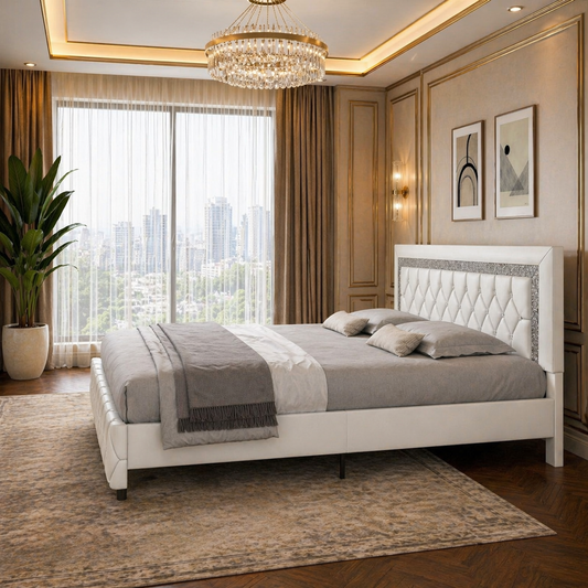 King Faux Leather Platform Bed with Diamond Headboard & 2 White 3-Drawer Nightstands Set