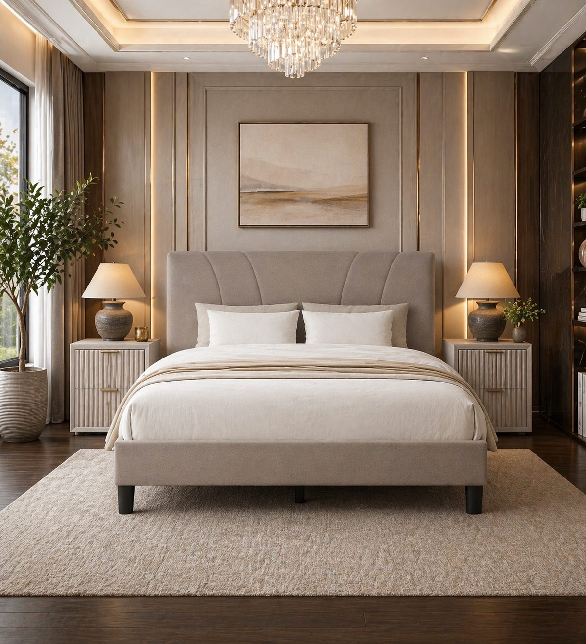 King Upholstered Platform Bed with Adjustable Headboard + 2 Fluted White Alder Nightstands