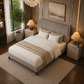 King Upholstered Platform Bed with Adjustable Headboard + 2 Fluted White Alder Nightstands