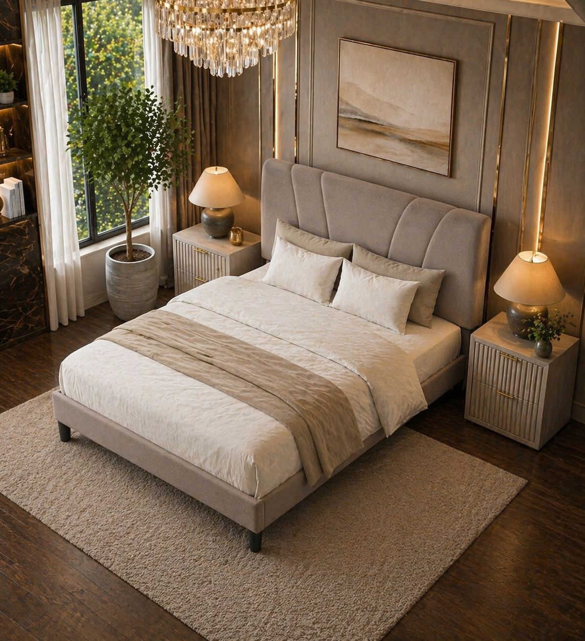 King Upholstered Platform Bed with Adjustable Headboard + 2 Fluted White Alder Nightstands