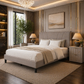 King Upholstered Platform Bed with Adjustable Headboard + 2 Fluted White Alder Nightstands