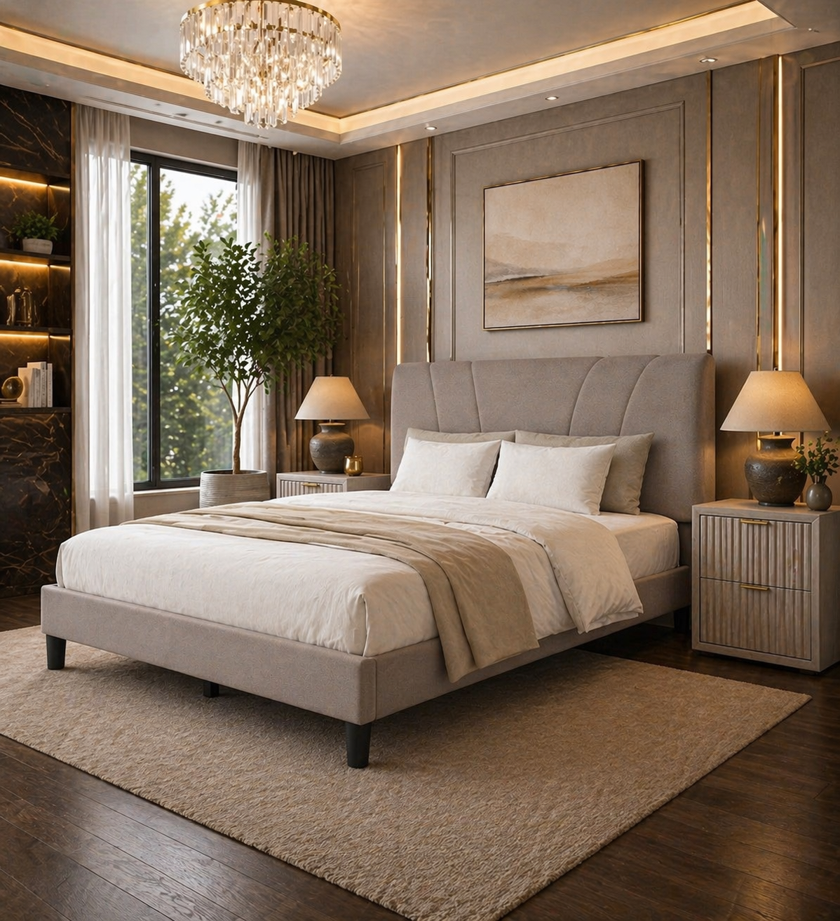 King Upholstered Platform Bed with Adjustable Headboard + 2 Fluted White Alder Nightstands
