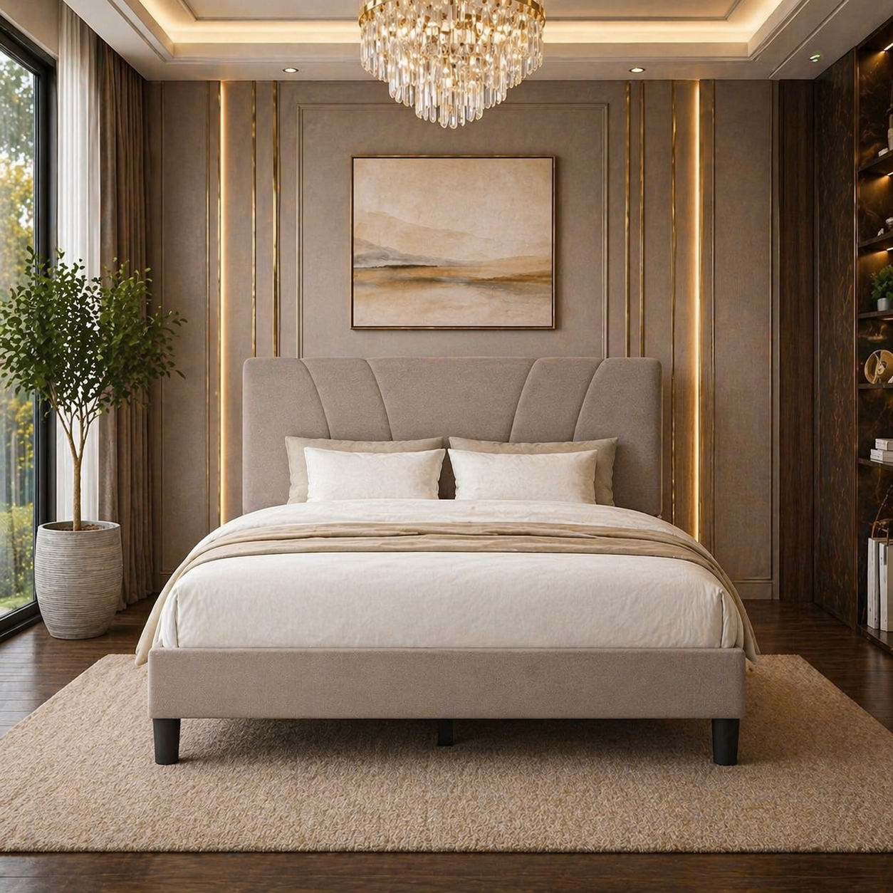 King Upholstered Platform Bed with Adjustable Headboard + 2 Fluted White Alder Nightstands
