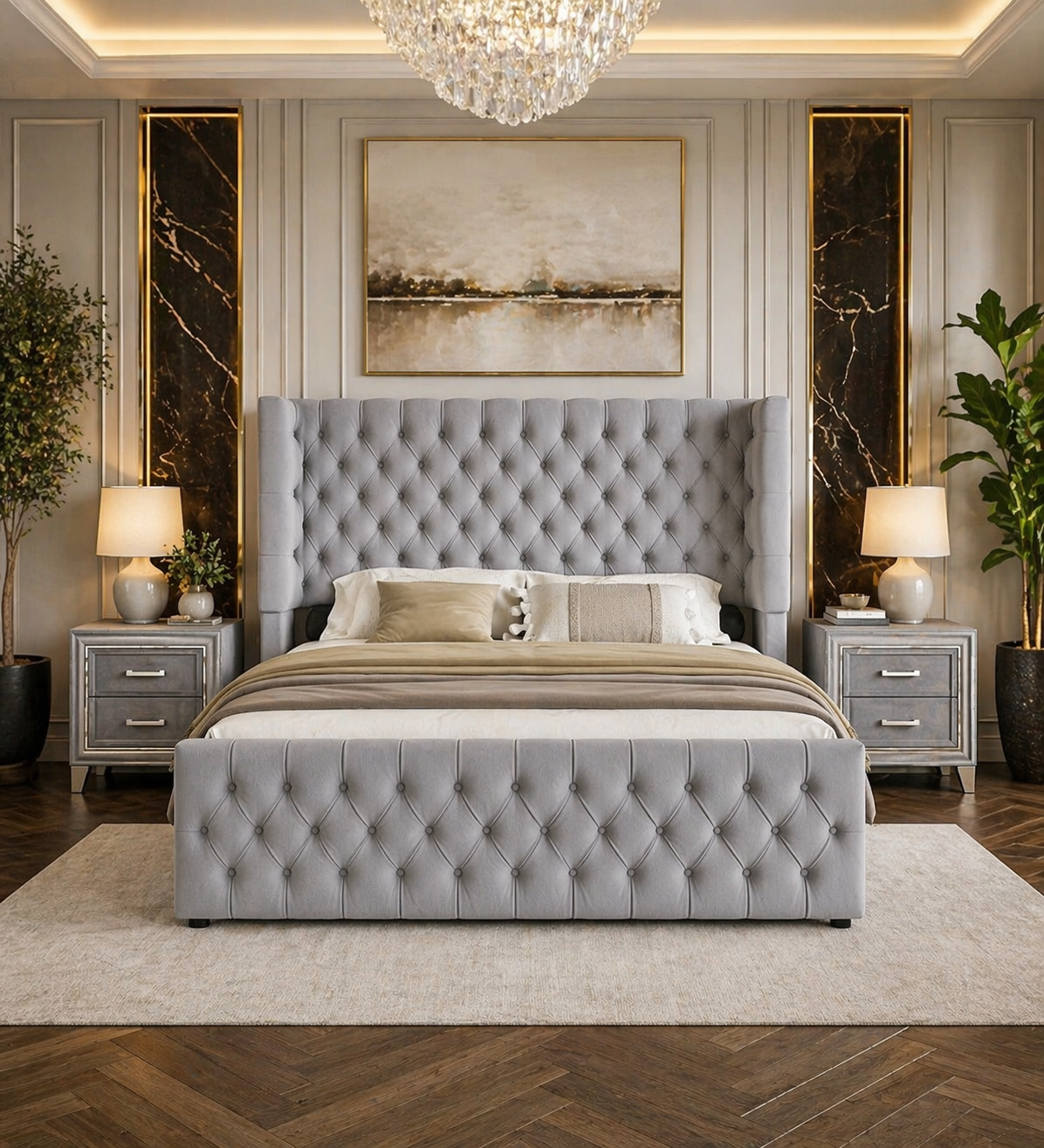 King Platform Bed with Curved Wingback Headboard & 2 Velvet Nightstands Grey Set